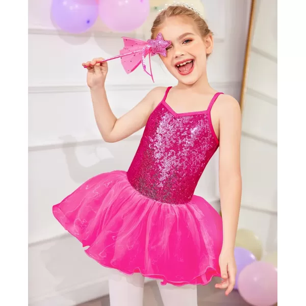 Zaclotre Little Girls Sequin Leotard Sparkly Strap Ballet Leotards Tutu Dress Ballerina Outfit Dance Costume for KidsHot Pink