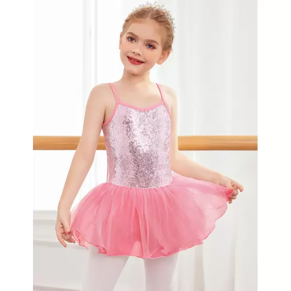 Zaclotre Little Girls Sequin Leotard Sparkly Strap Ballet Leotards Tutu Dress Ballerina Outfit Dance Costume for KidsPink