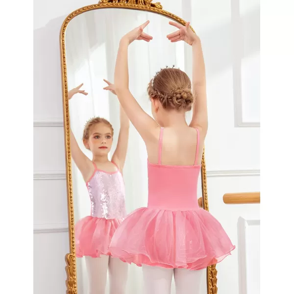 Zaclotre Little Girls Sequin Leotard Sparkly Strap Ballet Leotards Tutu Dress Ballerina Outfit Dance Costume for KidsPink