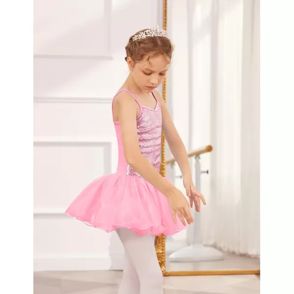 Zaclotre Little Girls Sequin Leotard Sparkly Strap Ballet Leotards Tutu Dress Ballerina Outfit Dance Costume for KidsPink