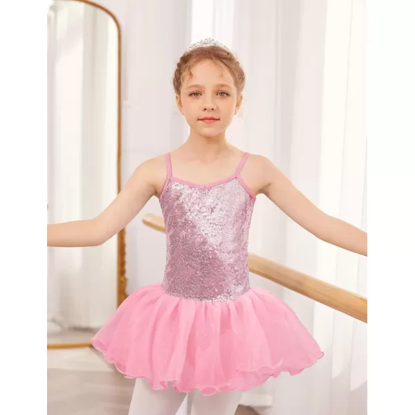 Zaclotre Little Girls Sequin Leotard Sparkly Strap Ballet Leotards Tutu Dress Ballerina Outfit Dance Costume for KidsPink