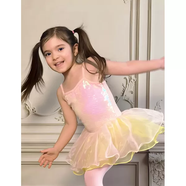 Zaclotre Little Girls Sequin Leotard Sparkly Strap Ballet Leotards Tutu Dress Ballerina Outfit Dance Costume for KidsPinkyellow