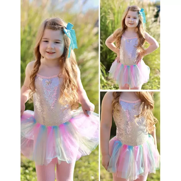Zaclotre Little Girls Sequin Leotard Sparkly Strap Ballet Leotards Tutu Dress Ballerina Outfit Dance Costume for KidsRainbow 2