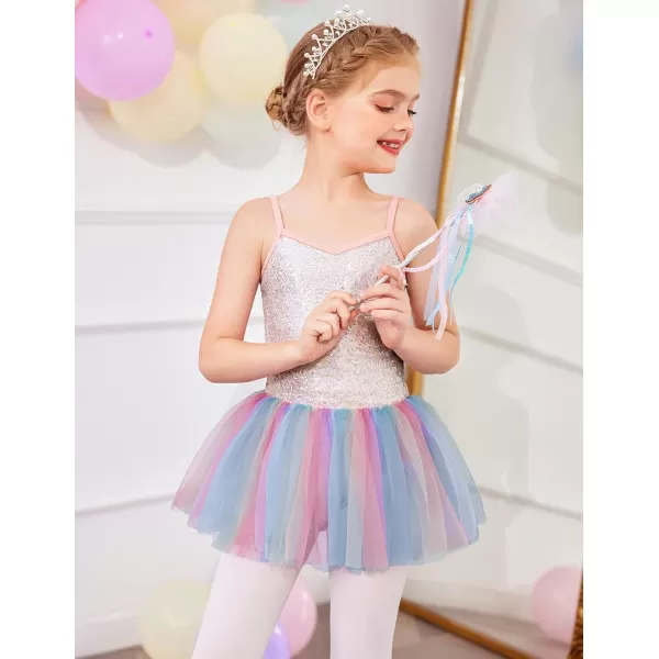 Zaclotre Little Girls Sequin Leotard Sparkly Strap Ballet Leotards Tutu Dress Ballerina Outfit Dance Costume for KidsRainbow 2