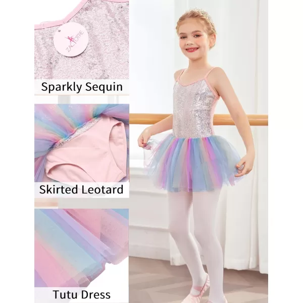 Zaclotre Little Girls Sequin Leotard Sparkly Strap Ballet Leotards Tutu Dress Ballerina Outfit Dance Costume for KidsRainbow 2