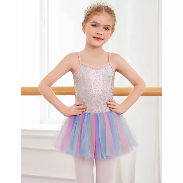 Zaclotre Little Girls Sequin Leotard Sparkly Strap Ballet Leotards Tutu Dress Ballerina Outfit Dance Costume for KidsRainbow 2
