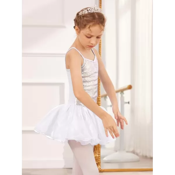 Zaclotre Little Girls Sequin Leotard Sparkly Strap Ballet Leotards Tutu Dress Ballerina Outfit Dance Costume for KidsWhite