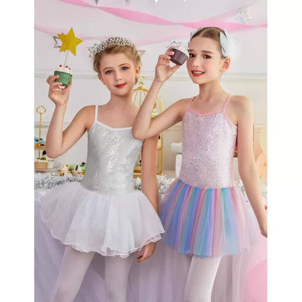 Zaclotre Little Girls Sequin Leotard Sparkly Strap Ballet Leotards Tutu Dress Ballerina Outfit Dance Costume for KidsWhite