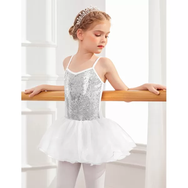 Zaclotre Little Girls Sequin Leotard Sparkly Strap Ballet Leotards Tutu Dress Ballerina Outfit Dance Costume for KidsWhite