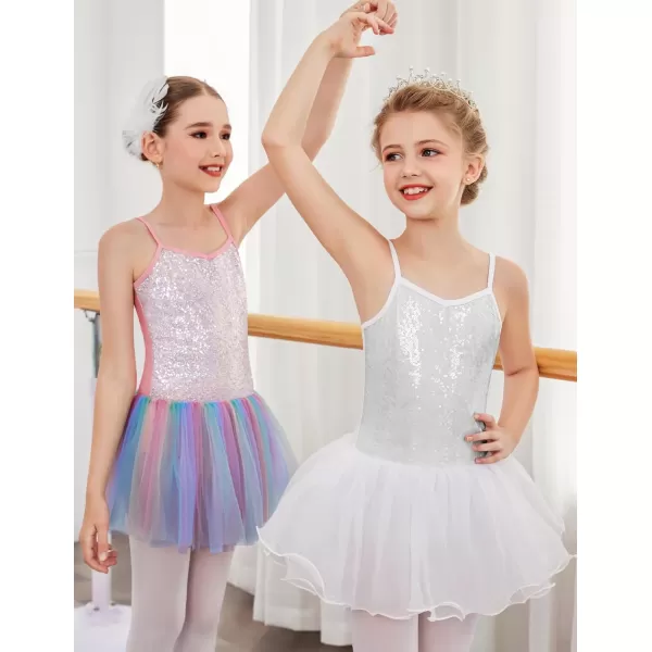 Zaclotre Little Girls Sequin Leotard Sparkly Strap Ballet Leotards Tutu Dress Ballerina Outfit Dance Costume for KidsWhite