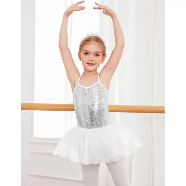 Zaclotre Little Girls Sequin Leotard Sparkly Strap Ballet Leotards Tutu Dress Ballerina Outfit Dance Costume for KidsWhite