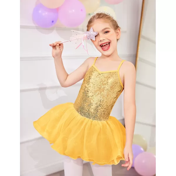 Zaclotre Little Girls Sequin Leotard Sparkly Strap Ballet Leotards Tutu Dress Ballerina Outfit Dance Costume for KidsYellow