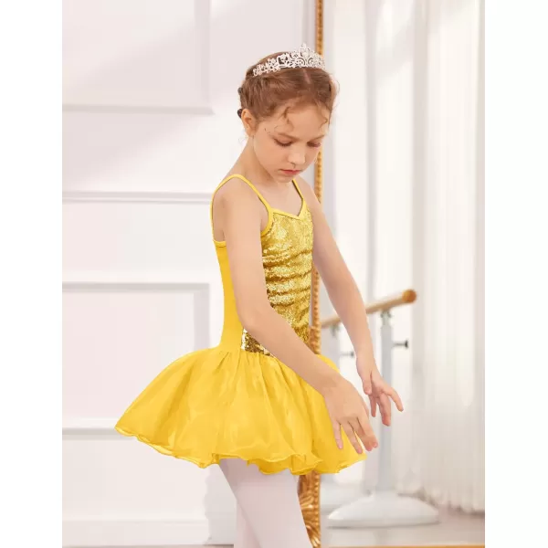 Zaclotre Little Girls Sequin Leotard Sparkly Strap Ballet Leotards Tutu Dress Ballerina Outfit Dance Costume for KidsYellow