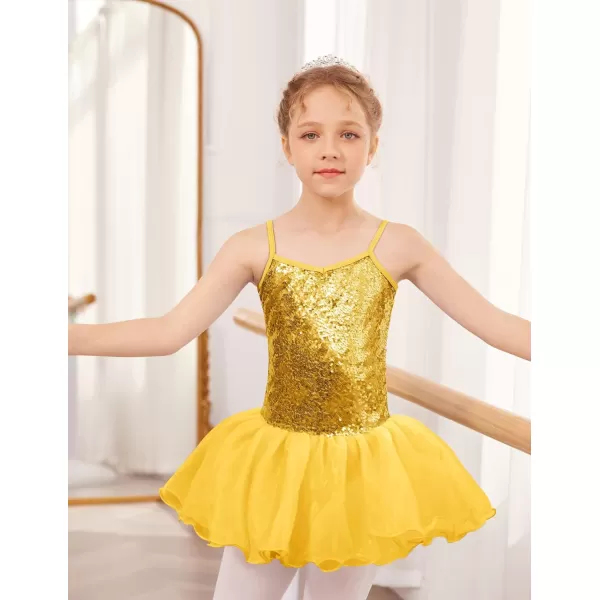 Zaclotre Little Girls Sequin Leotard Sparkly Strap Ballet Leotards Tutu Dress Ballerina Outfit Dance Costume for KidsYellow