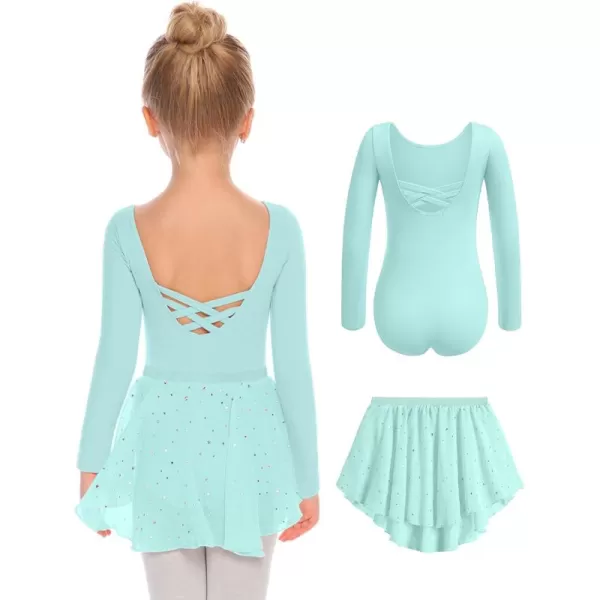 Zaclotre Girls Ballet Leotards Toddler Long Sleeve Crisscross Back Dance Dress Outfit with Removable Shiny Skirt ComboAqua Green