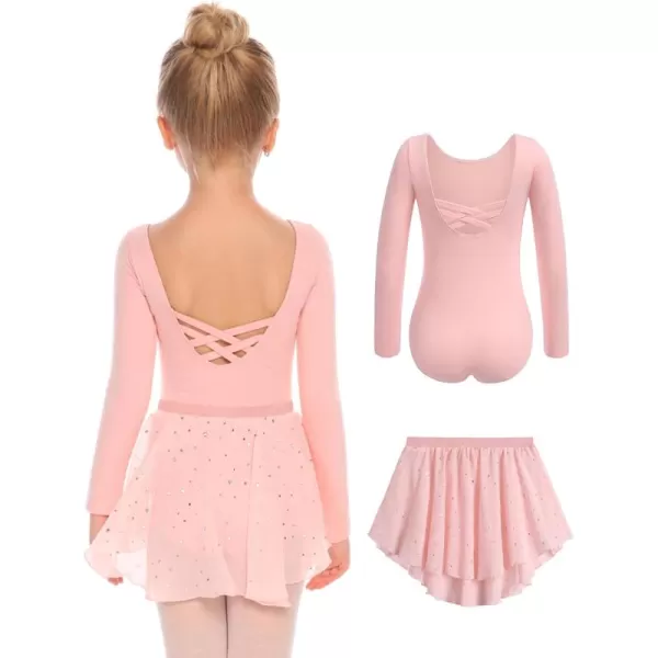 Zaclotre Girls Ballet Leotards Toddler Long Sleeve Crisscross Back Dance Dress Outfit with Removable Shiny Skirt ComboBallet Pink