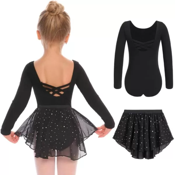 Zaclotre Girls Ballet Leotards Toddler Long Sleeve Crisscross Back Dance Dress Outfit with Removable Shiny Skirt ComboBlack