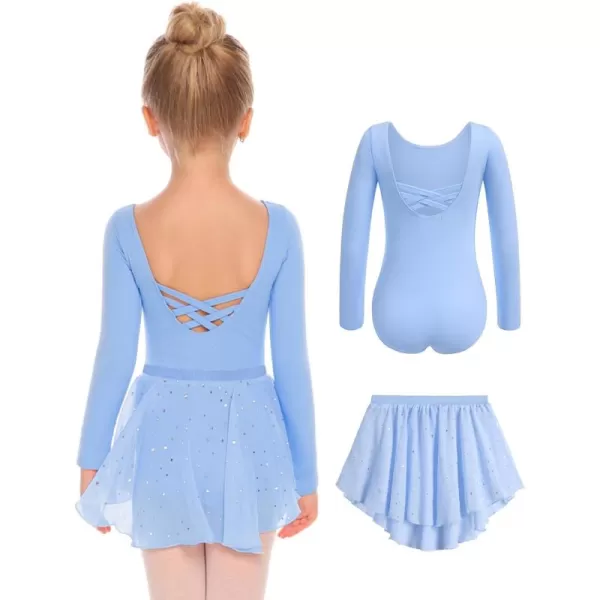 Zaclotre Girls Ballet Leotards Toddler Long Sleeve Crisscross Back Dance Dress Outfit with Removable Shiny Skirt ComboBlue