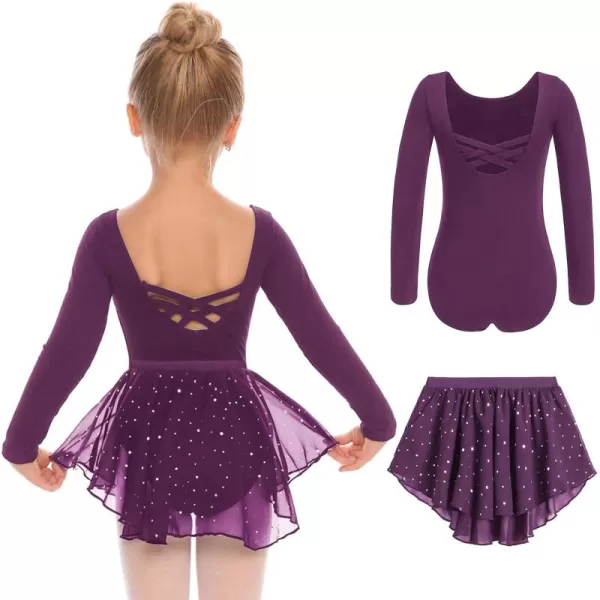 Zaclotre Girls Ballet Leotards Toddler Long Sleeve Crisscross Back Dance Dress Outfit with Removable Shiny Skirt ComboDark Purple