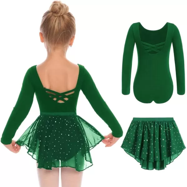 Zaclotre Girls Ballet Leotards Toddler Long Sleeve Crisscross Back Dance Dress Outfit with Removable Shiny Skirt ComboGreen