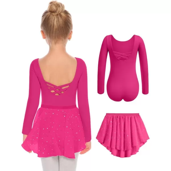 Zaclotre Girls Ballet Leotards Toddler Long Sleeve Crisscross Back Dance Dress Outfit with Removable Shiny Skirt ComboHot Pink