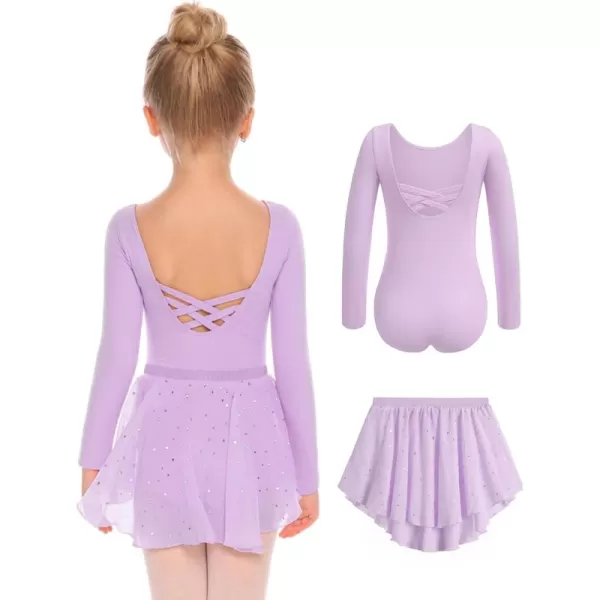 Zaclotre Girls Ballet Leotards Toddler Long Sleeve Crisscross Back Dance Dress Outfit with Removable Shiny Skirt ComboLilac