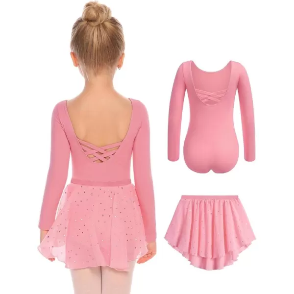 Zaclotre Girls Ballet Leotards Toddler Long Sleeve Crisscross Back Dance Dress Outfit with Removable Shiny Skirt ComboPink