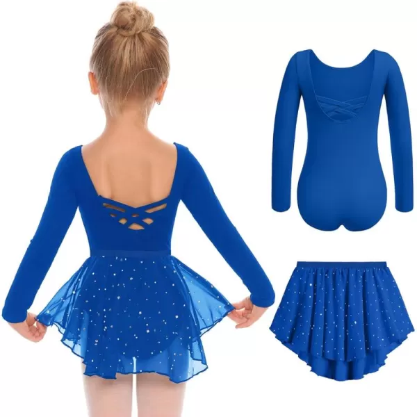 Zaclotre Girls Ballet Leotards Toddler Long Sleeve Crisscross Back Dance Dress Outfit with Removable Shiny Skirt ComboRoyal Blue