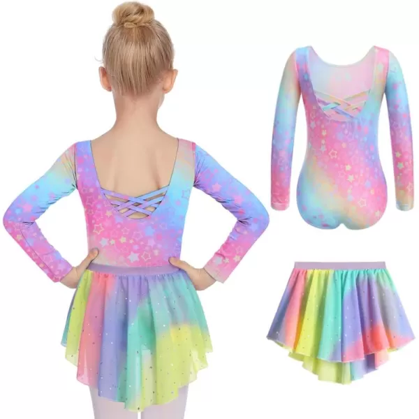 Zaclotre Girls Ballet Leotards Toddler Long Sleeve Crisscross Back Dance Dress Outfit with Removable Shiny Skirt ComboShiny Rainbow