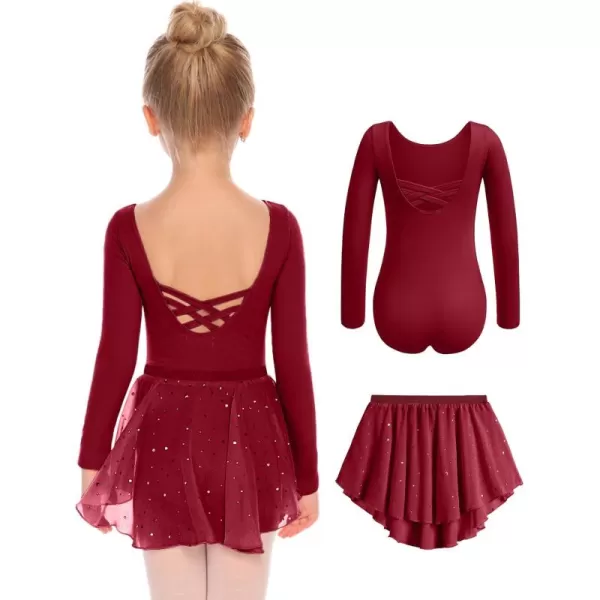 Zaclotre Girls Ballet Leotards Toddler Long Sleeve Crisscross Back Dance Dress Outfit with Removable Shiny Skirt ComboWine Red