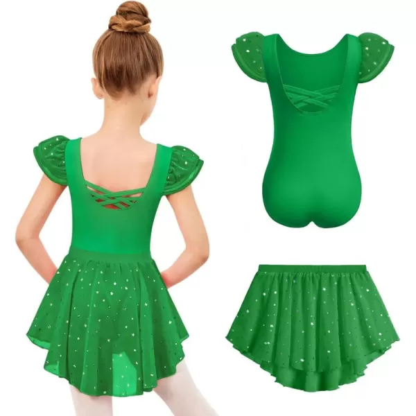 Zaclotre Girls Ballet Leotards with Removable High Low Skirt Toddler Ruffle Sleeve Hollow Back Dance Outfit ComboGreen