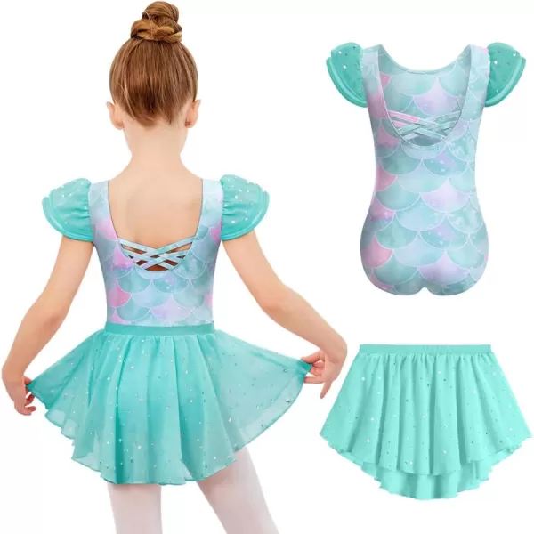 Zaclotre Girls Ballet Leotards with Removable High Low Skirt Toddler Ruffle Sleeve Hollow Back Dance Outfit ComboGreen Mermaid