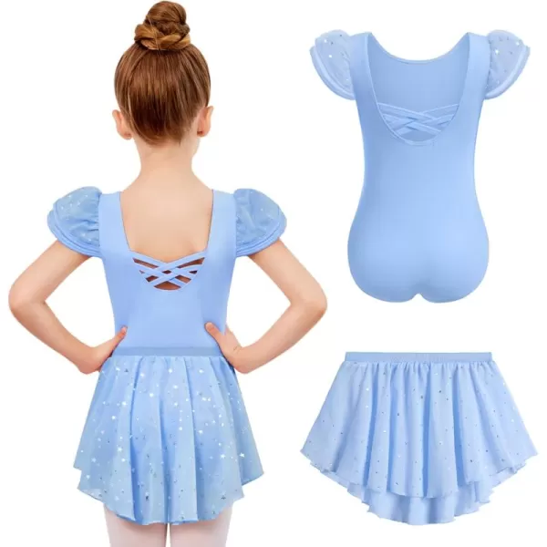 Zaclotre Girls Ballet Leotards with Removable High Low Skirt Toddler Ruffle Sleeve Hollow Back Dance Outfit ComboLight Blue