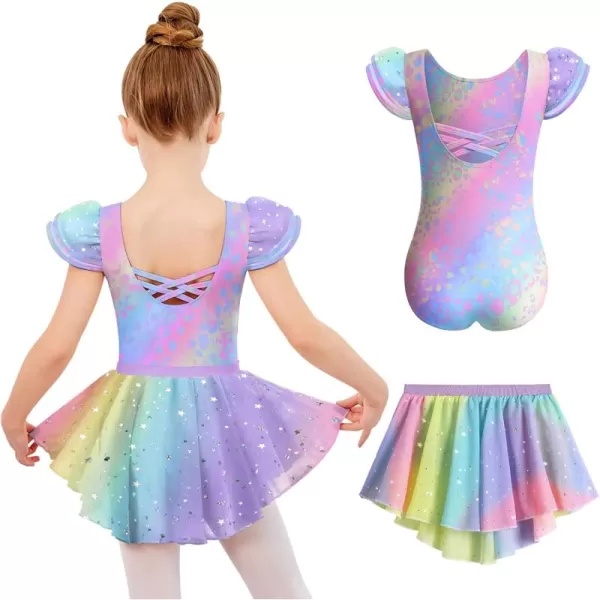 Zaclotre Girls Ballet Leotards with Removable High Low Skirt Toddler Ruffle Sleeve Hollow Back Dance Outfit ComboRainbow Leopard