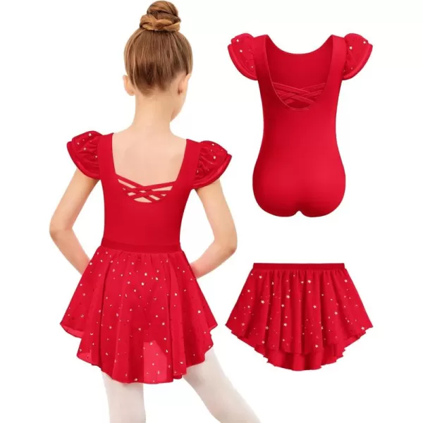 Zaclotre Girls Ballet Leotards with Removable High Low Skirt Toddler Ruffle Sleeve Hollow Back Dance Outfit ComboRed