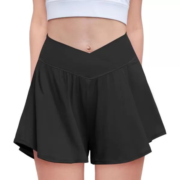 Zaclotre Girls Flowy Shorts with Spandex Liner V Crossover 2 in 1 Athletic Running Shorts with Pockets Kids Butterfly SkortsBlack