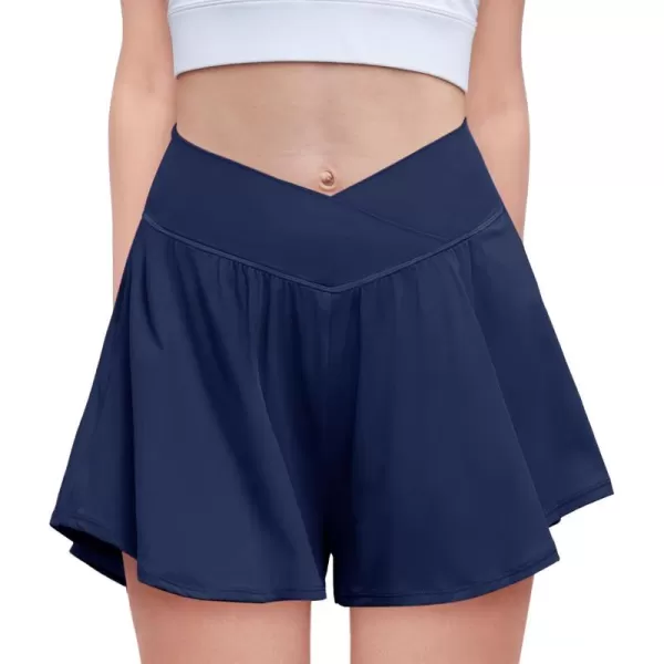 Zaclotre Girls Flowy Shorts with Spandex Liner V Crossover 2 in 1 Athletic Running Shorts with Pockets Kids Butterfly SkortsNavy Blue