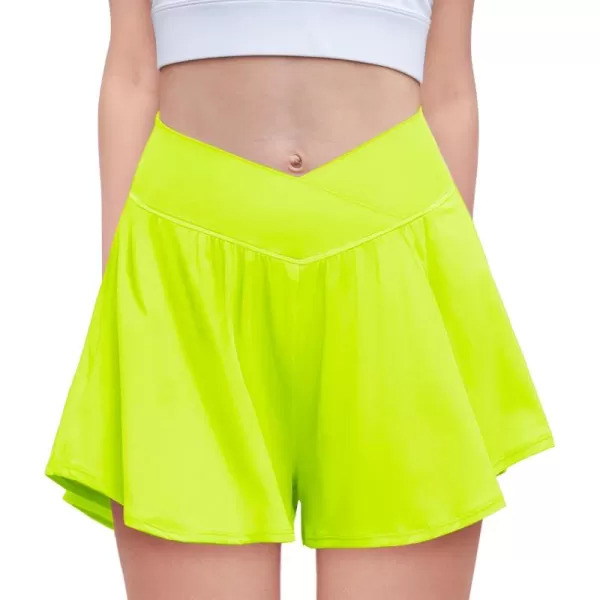 Zaclotre Girls Flowy Shorts with Spandex Liner V Crossover 2 in 1 Athletic Running Shorts with Pockets Kids Butterfly SkortsNeon Green