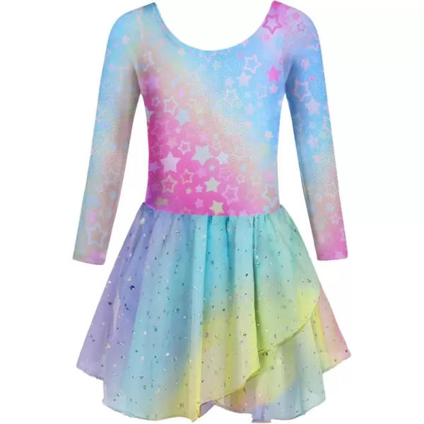 Zaclotre Girls Long Sleeve Dance Dress Glitter Ballet Skirted Leotard Ballerina OutfitShiny Rainbow Star