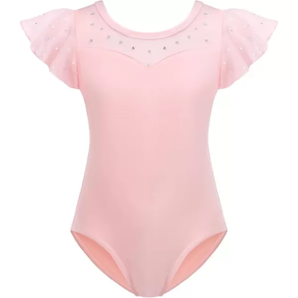 Zaclotre Girls Ruffle Sleeve Ballet Leotards Toddler Mesh Dance Leotard Sparkly Gymnastics OutfitsBallet Pink