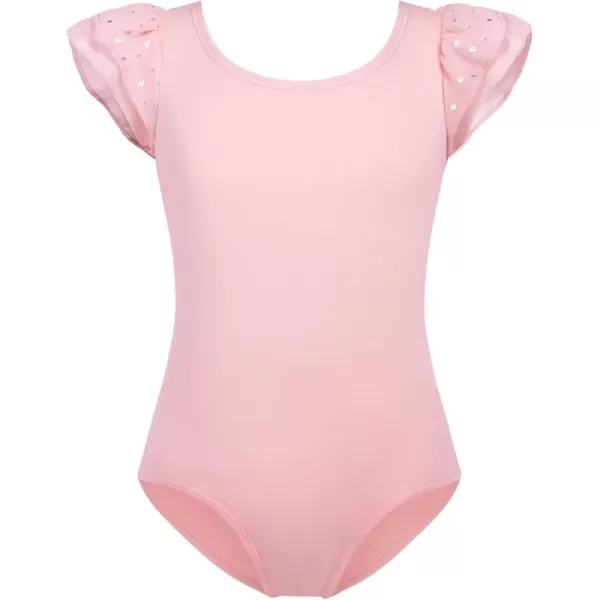 Zaclotre Girls Shiny Ruffle Sleeve Ballet Leotard for Dance Gymnastics Hollow Bow Back Leotards for KidsBallet Pink