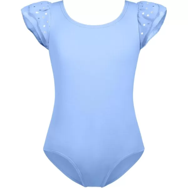Zaclotre Girls Shiny Ruffle Sleeve Ballet Leotard for Dance Gymnastics Hollow Bow Back Leotards for KidsBlue