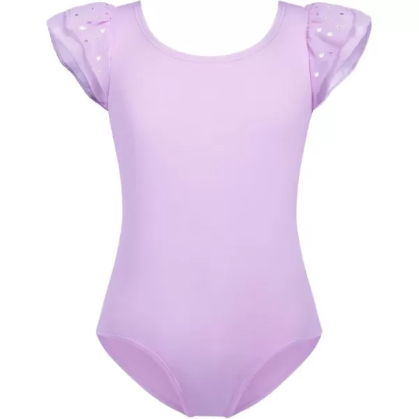 Zaclotre Girls Shiny Ruffle Sleeve Ballet Leotard for Dance Gymnastics Hollow Bow Back Leotards for KidsLilac