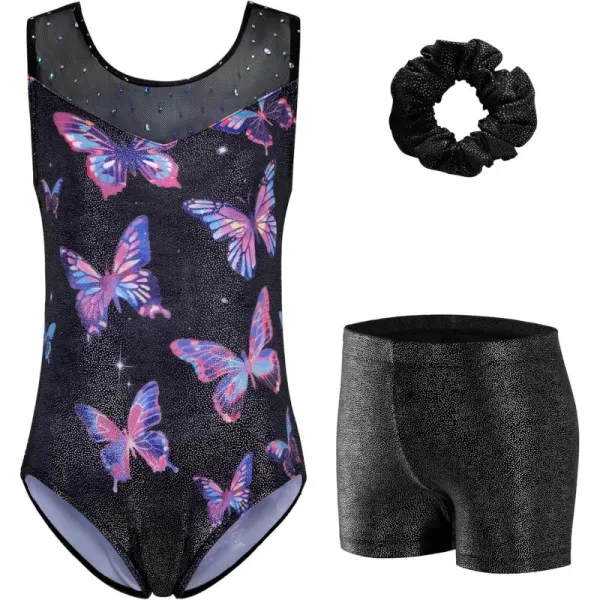 Zaclotre Gymnastics Leotards for Girls Sparkly Ballet Dance Biketards Tumbling Outfit with Matching Shorts SetBlack Butterfly