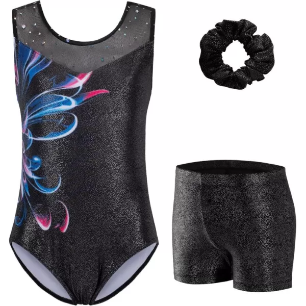Zaclotre Gymnastics Leotards for Girls Sparkly Ballet Dance Biketards Tumbling Outfit with Matching Shorts SetBlack Floral