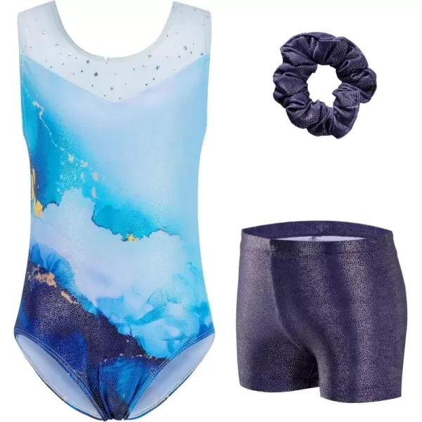 Zaclotre Gymnastics Leotards for Girls Sparkly Ballet Dance Biketards Tumbling Outfit with Matching Shorts SetMarble Blue