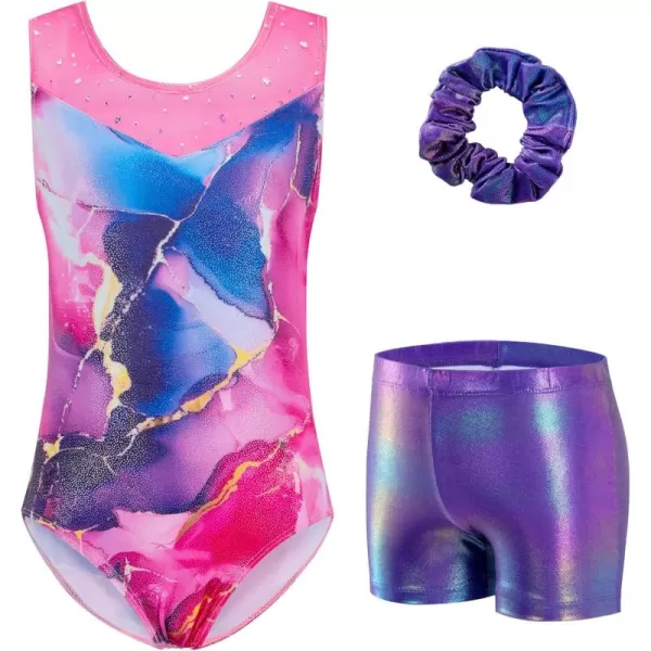 Zaclotre Gymnastics Leotards for Girls Sparkly Ballet Dance Biketards Tumbling Outfit with Matching Shorts SetMarble Rose Purple