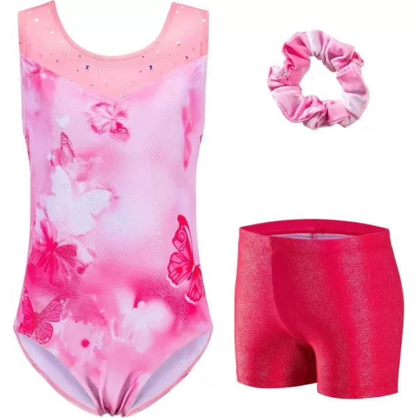 Zaclotre Gymnastics Leotards for Girls Sparkly Ballet Dance Biketards Tumbling Outfit with Matching Shorts SetPink Butterfly