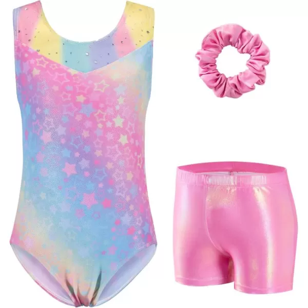 Zaclotre Gymnastics Leotards for Girls Sparkly Ballet Dance Biketards Tumbling Outfit with Matching Shorts SetRainbow Stars