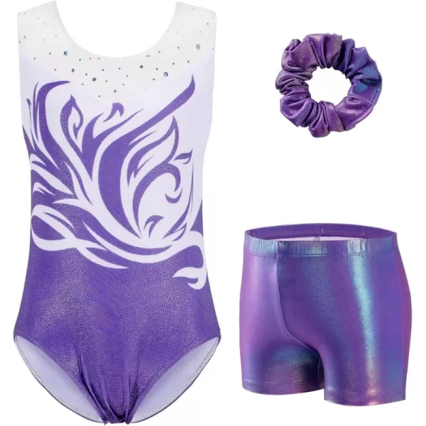 Zaclotre Gymnastics Leotards for Girls Sparkly Ballet Dance Biketards Tumbling Outfit with Matching Shorts SetShiny Purple White